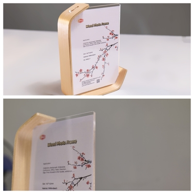 Cartel de hoja transparente personalizado de forma L marco fotográfico acrílico con base de madera